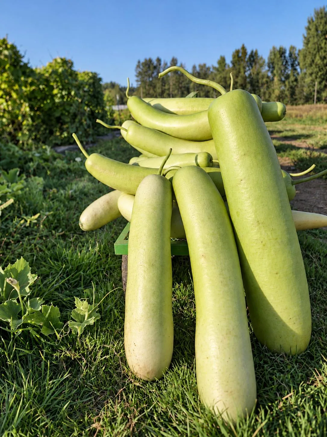 Several long, pale green bottle gourds arranged outdoors.