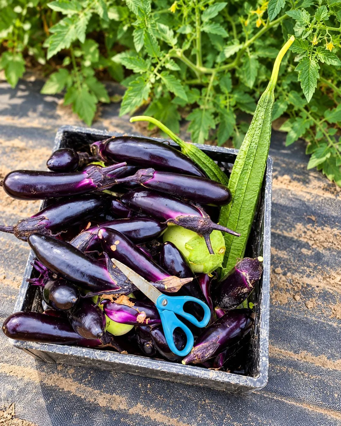 Purple eggplants gathered in a harvest tray.