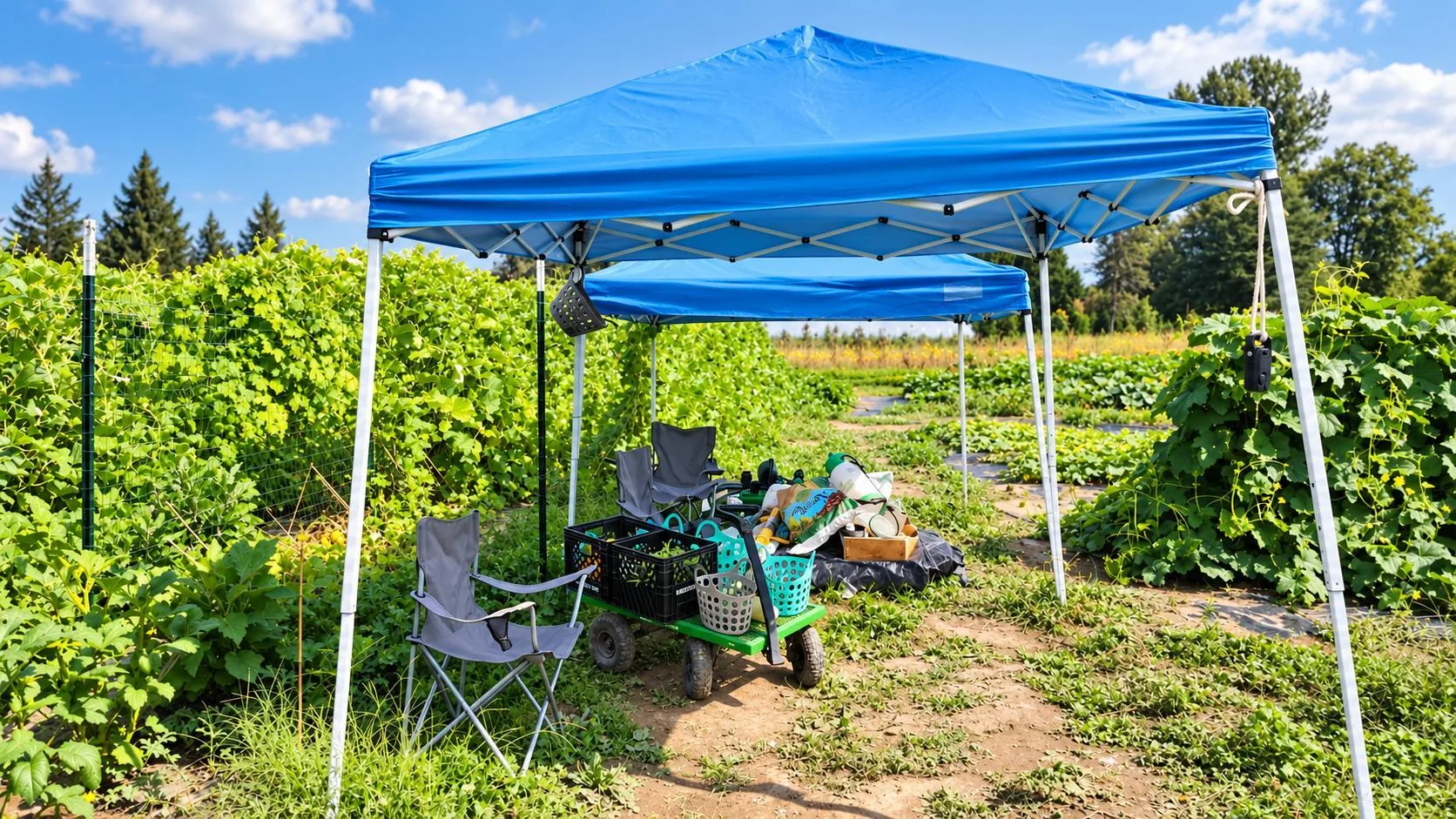 A blue canopy shading chairs, garden tools, and supplies beside crop rows.