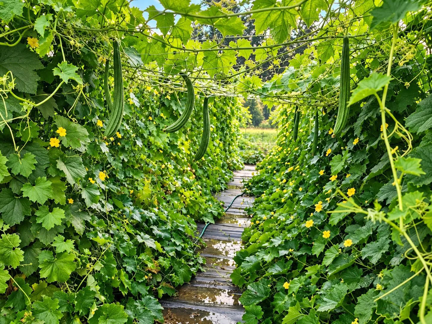 A narrow path through dense green vines and yellow blossoms.