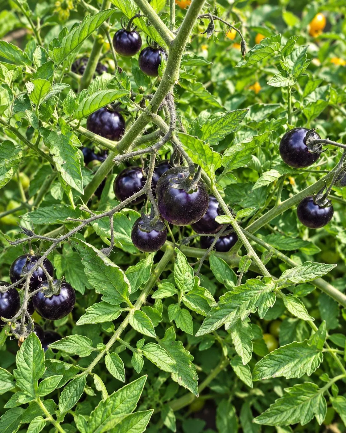 Clusters of dark purple tomatoes growing among green foliage.