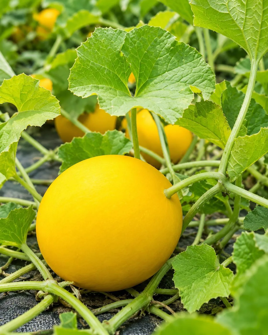 A yellow melon among green leaves and vines.